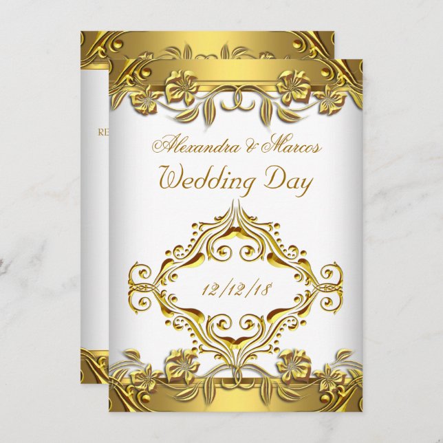 Invitación Elegante Boda Ornate Floral Oro Blanco 2 (Anverso / Reverso)