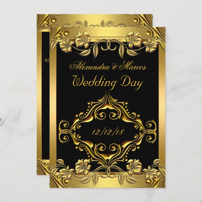 Invitación Elegante Boda Ornate Floral Oro Negro (Anverso / Reverso)