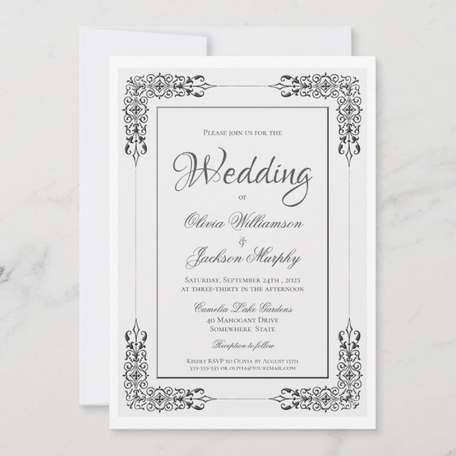 Invitación Elegante Boda Ornate Silver Gray y White Lace (Anverso)