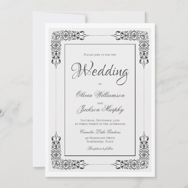 Invitación Elegante Boda Ornate Silver Gray y White Lace (Anverso)