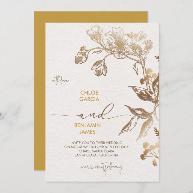Invitación Elegante Boda Orquídea Dorada (Anverso / Reverso)