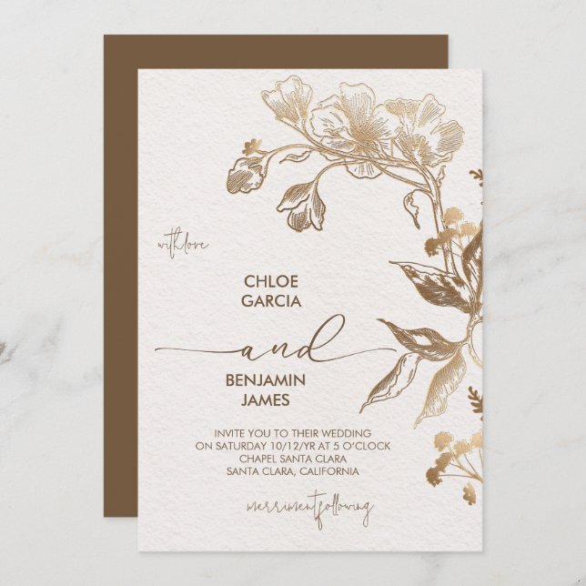 Invitación Elegante Boda Orquídea Dorada (Anverso / Reverso)