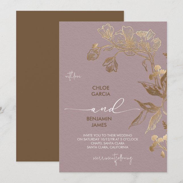 Invitación Elegante Boda Orquídea Dorada (Anverso / Reverso)
