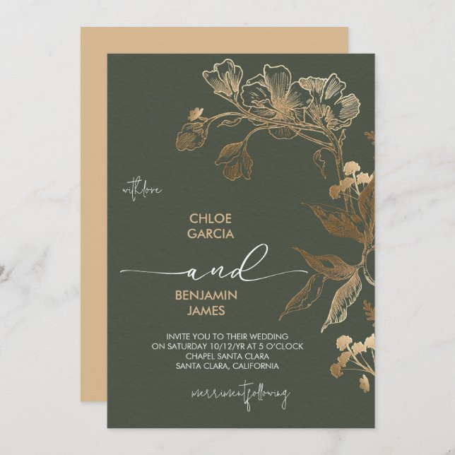 Invitación Elegante Boda Orquídea Dorada (Anverso / Reverso)
