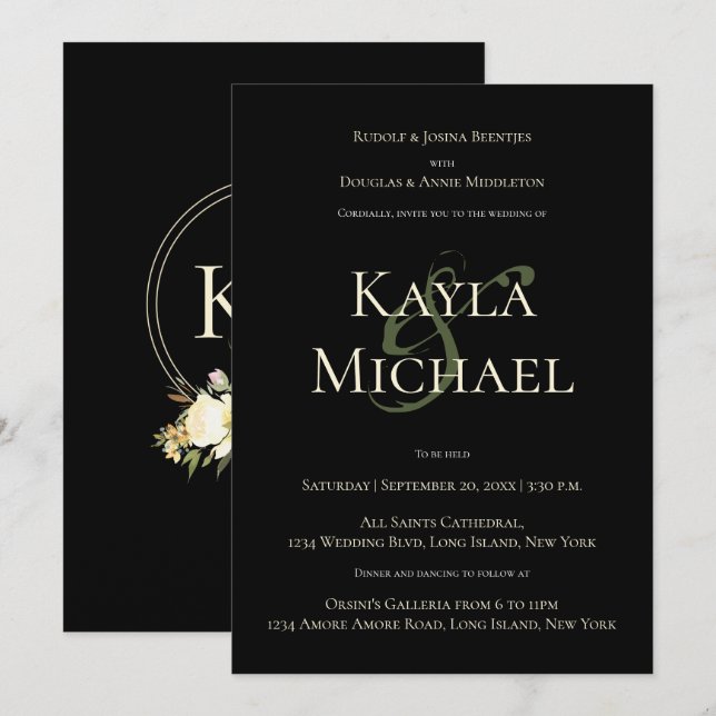 Invitación Elegante Boda oscuro y amoroso Monograma Crema Ros (Anverso / Reverso)