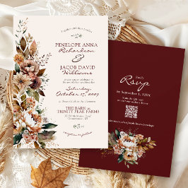Invitación Elegante Boda Otoñal Bohemia Floral Burgundy de Ot
