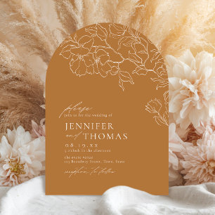 Invitación Elegante boda otoñal floral dorada dibujada a mano