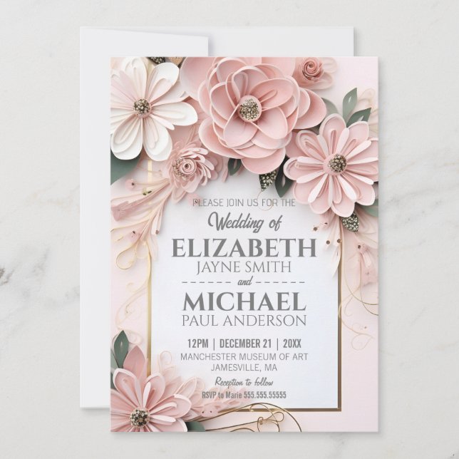 Invitación Elegante Boda Pastel Floral de papel Cuchillo marc (Anverso)