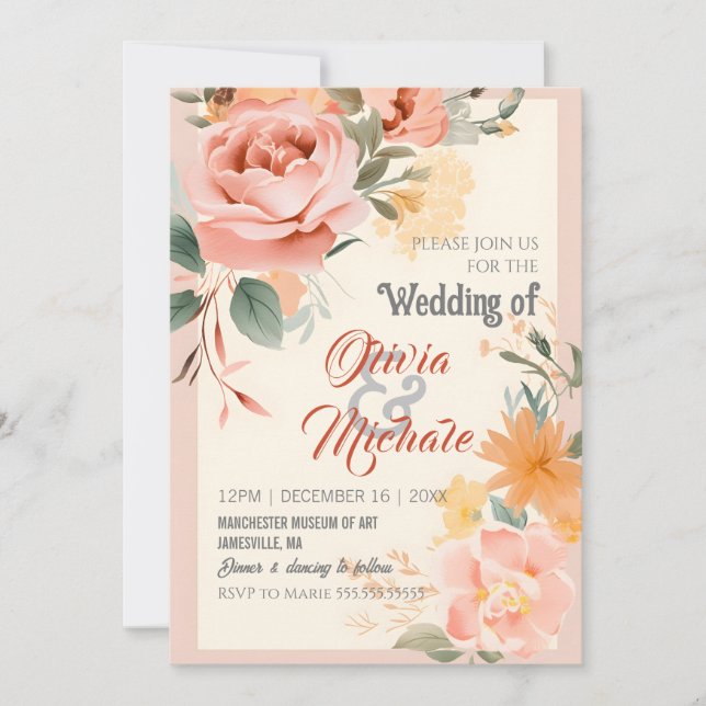 Invitación Elegante Boda Pastel Naranja Rosa Marco Floral (Anverso)