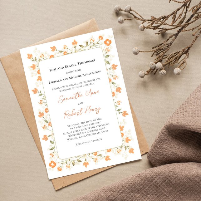 Invitación Elegante Boda Peach Floral Verdor (Elegant peach floral wedding invitation with a monogram on the backside. )