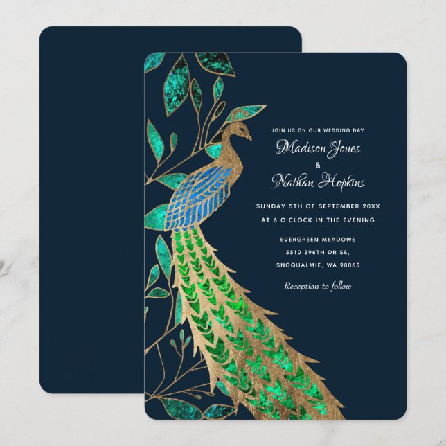 Invitación Elegante Boda Peacock (Anverso / Reverso)