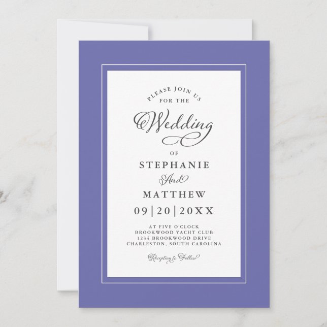 Invitación Elegante Boda Periwinkle caligrafía azul moderna (Anverso)