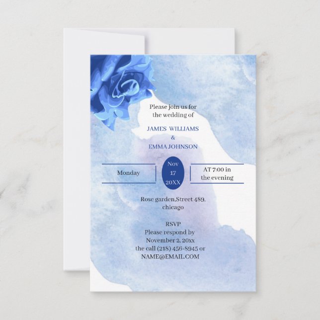 Invitación Elegante Boda personalizada de Flor Azul (Anverso)