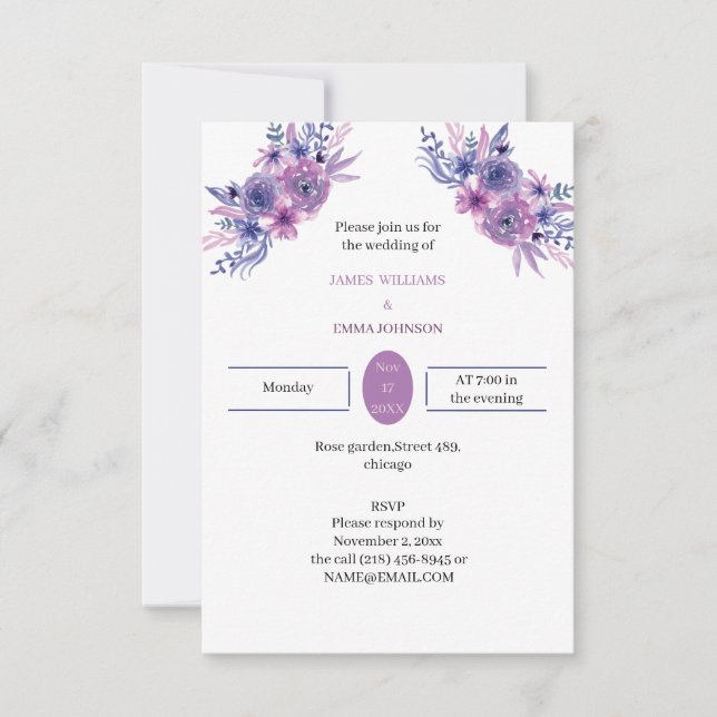 Invitación Elegante Boda personalizada de Flor Púrpura (Anverso)