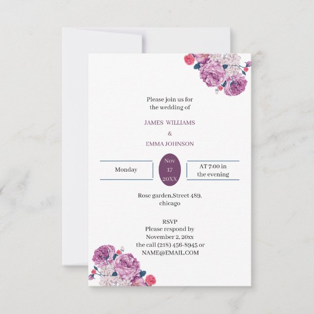 Invitación Elegante Boda personalizada de Flor Púrpura (Anverso)