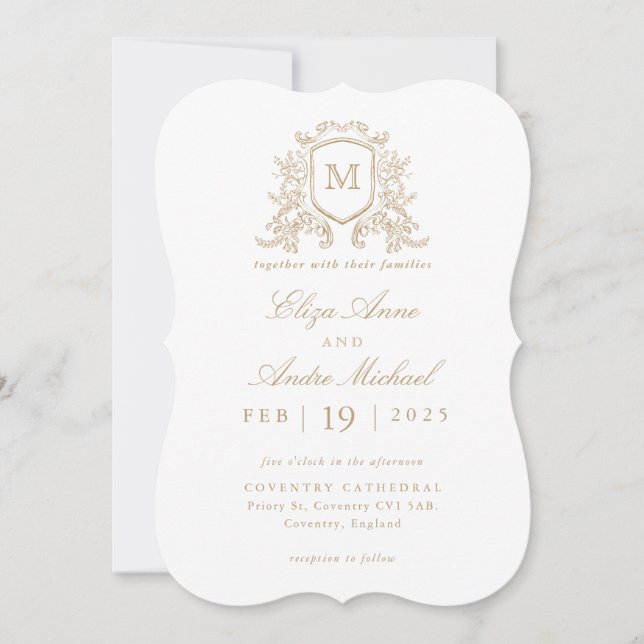 Invitación Elegante Boda personalizada Escudo Monograma Dorad (Anverso)