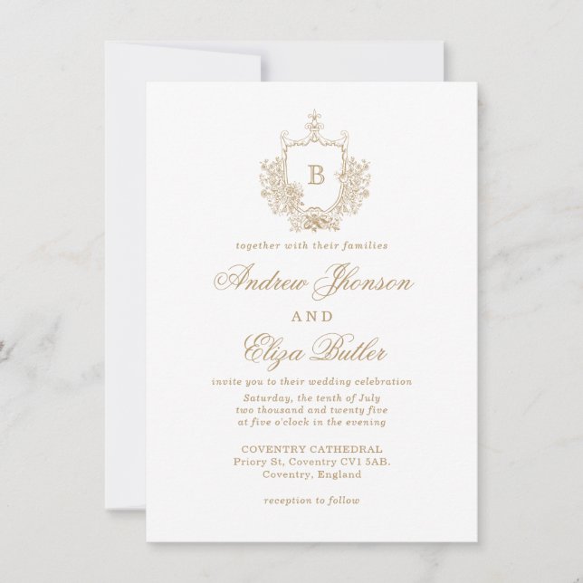 Invitación Elegante Boda personalizada Escudo Monograma Dorad (Anverso)