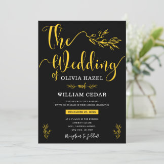 Invitación Elegante Boda personalizado botánico amarillo negr