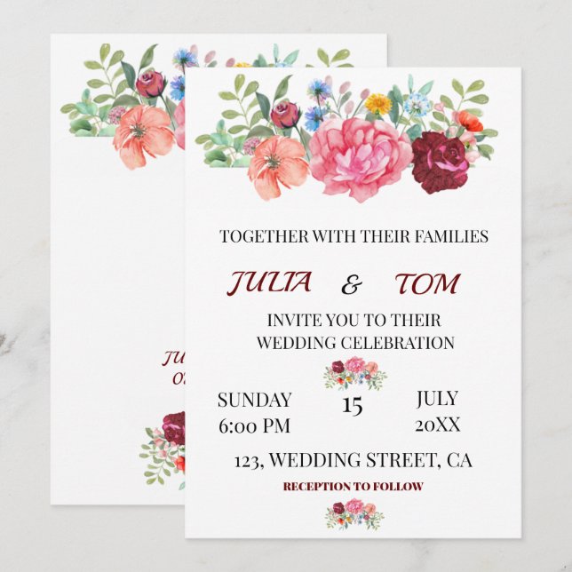 Invitación Elegante Boda personalizado de Borgoña Floral (Anverso / Reverso)