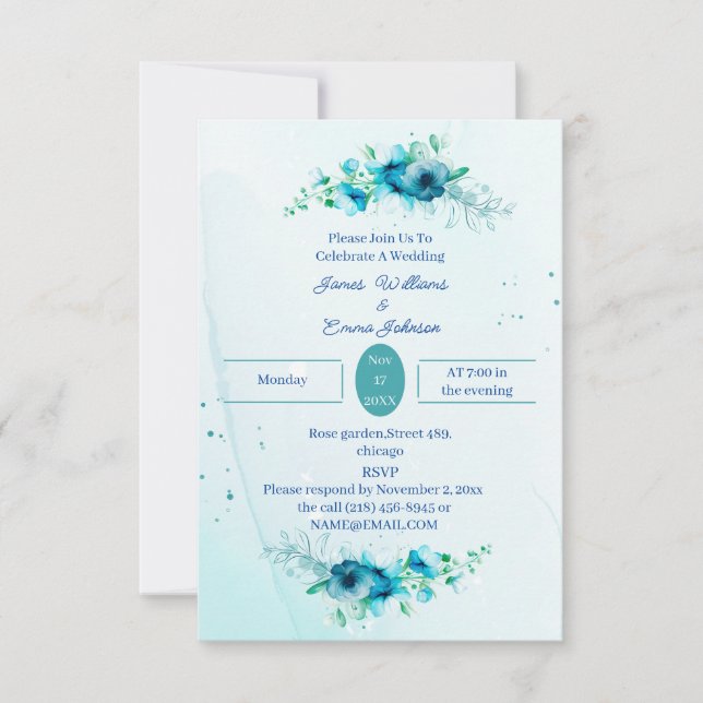 Invitación Elegante Boda personalizado de flor azul (Anverso)