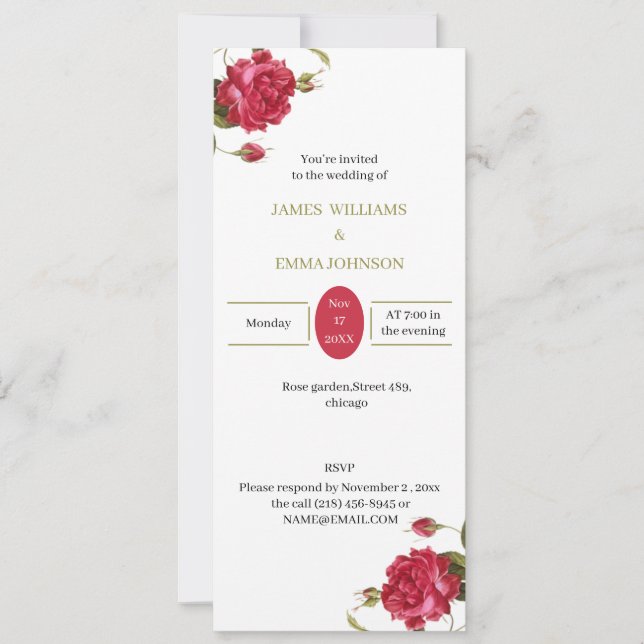 Invitación Elegante Boda personalizado de flores rojas (Anverso)
