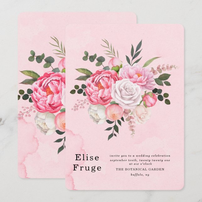 Invitación Elegante Boda Pink White PeonY (Anverso / Reverso)