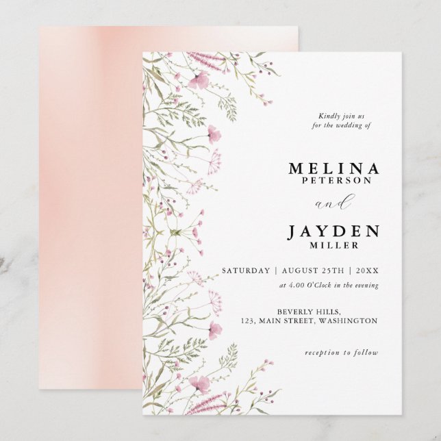 Invitación Elegante Boda Pink Wild Floral (Anverso / Reverso)