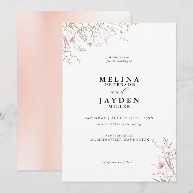 Invitación Elegante Boda Pink Wild Floral (Anverso / Reverso)