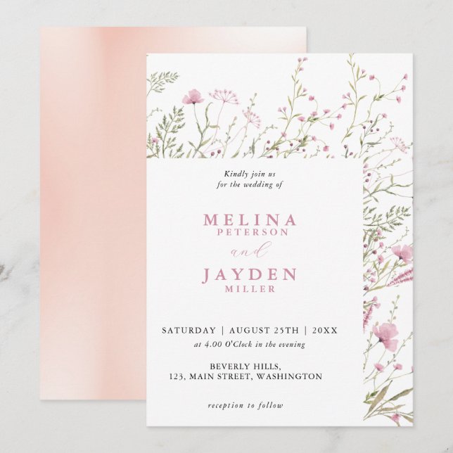Invitación Elegante Boda Pink Wild Floral (Anverso / Reverso)