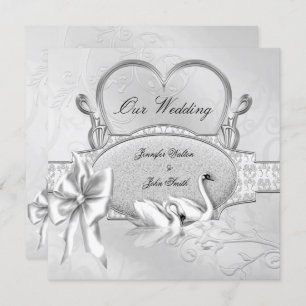 Invitación Elegante Boda Plata Cisnes Blancas Corazón Bow