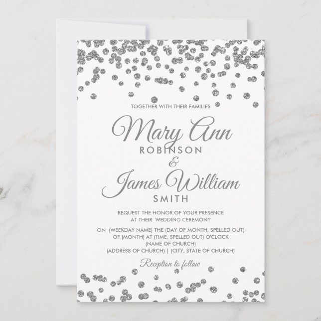 Invitación Elegante Boda Plata Faux Purpurina Confetti (Anverso)