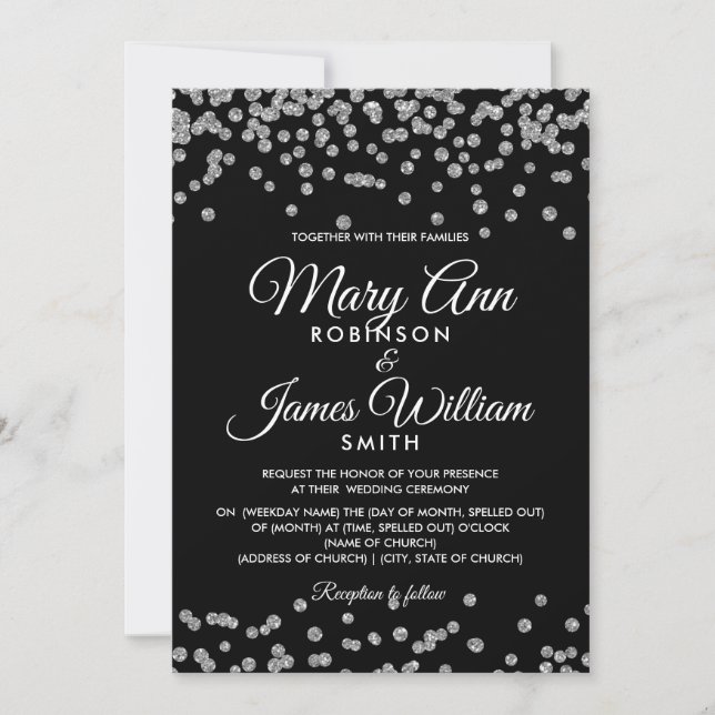 Invitación Elegante Boda Plata Faux Purpurina Confetti Negro (Anverso)