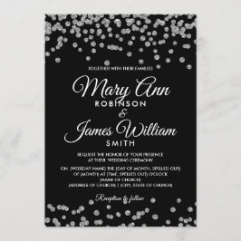 Invitación Elegante Boda Plata Faux Purpurina Confetti Negro