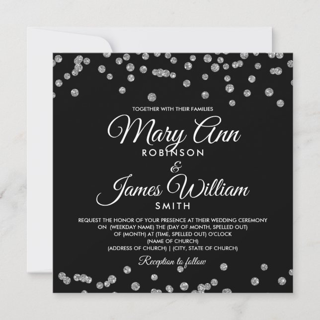 Invitación Elegante Boda Plata Faux Purpurina Confetti Negro (Anverso)