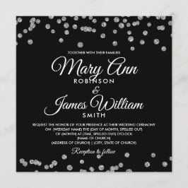 Invitación Elegante Boda Plata Faux Purpurina Confetti Negro