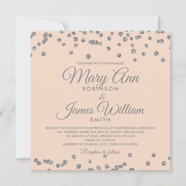 Invitación Elegante Boda Plata Faux Purpurina Confetti Rubor (Anverso)