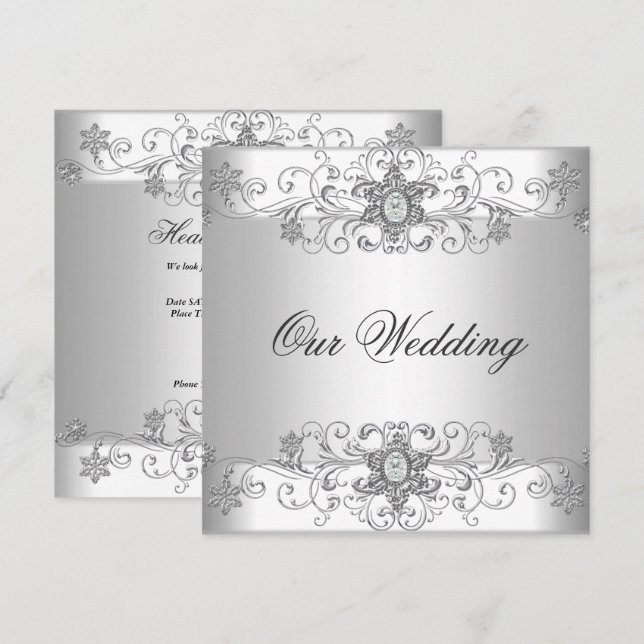 Invitación Elegante Boda Plata Jewel de Diamante Blanco (Anverso / Reverso)