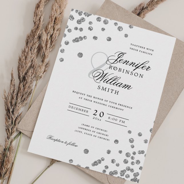 Invitación Elegante Boda  Plata Purpurina Confetti (Elegant Script Wedding Silver Glitter Confetti Invitation)