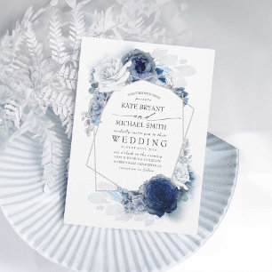 Invitación Elegante Boda plateado con flores azul y marina