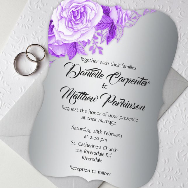 Invitación Elegante Boda plateado de Rosas púrpura curvos (Subido por el creador)