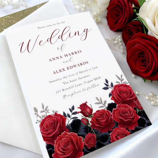 Invitación Elegante Boda plateado de rosas rojas (Subido por el creador)