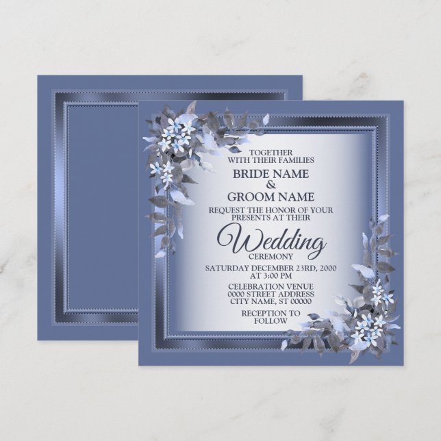 Invitación Elegante Boda plateado floral azul de la marina (Anverso / Reverso)