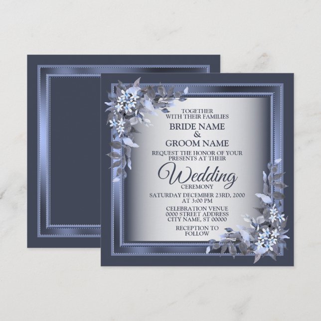 Invitación Elegante Boda plateado floral azul de la marina (Anverso / Reverso)