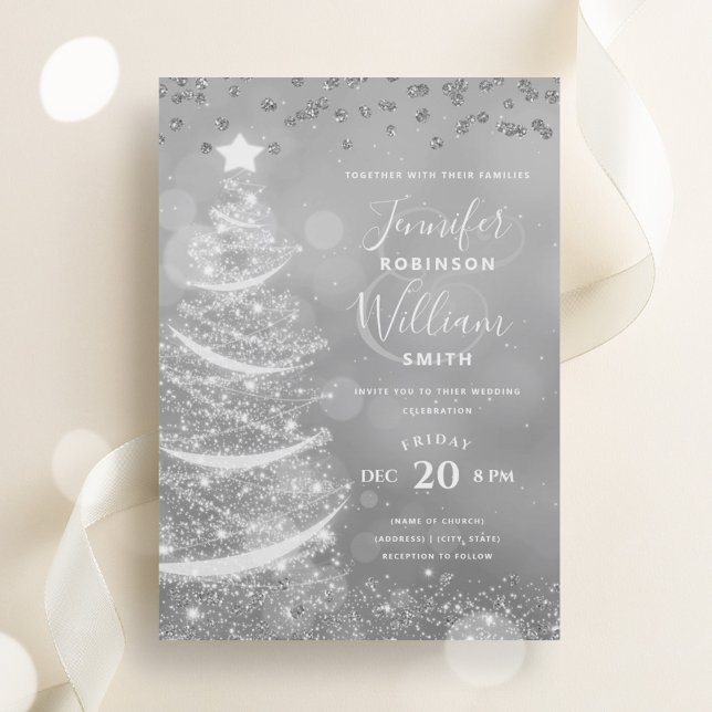 Invitación Elegante Boda plateado  navideño (Elegant Festive Silver Wedding Xmas Tree Invitation)