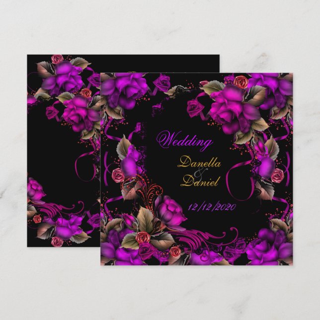 Invitación Elegante Boda Pluma Rosa Rosa Negro (Anverso / Reverso)