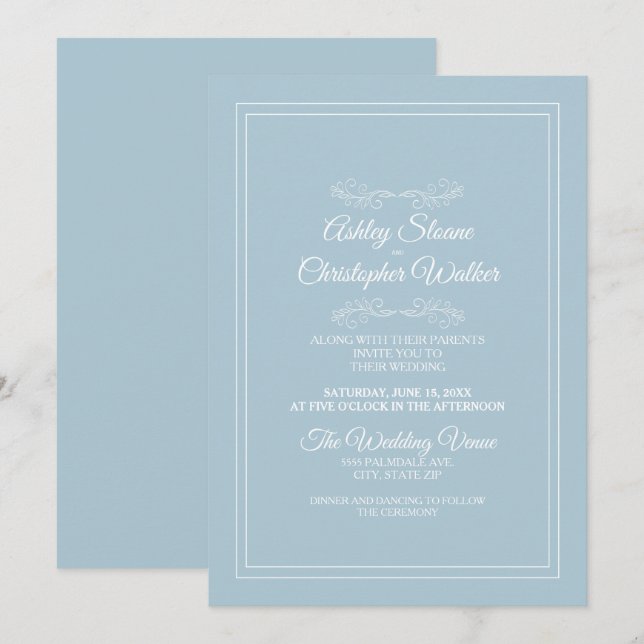 Invitación Elegante Boda Polvorienta Azul Cielo Blanco (Anverso / Reverso)
