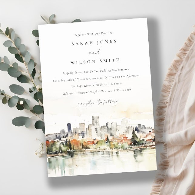 Invitación Elegante Boda Portland Oregon Skyline Watercolor (Subido por el creador)