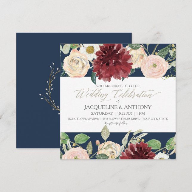 Invitación Elegante Boda Primaria Chrysanthemum Burgundy Rosa (Anverso / Reverso)