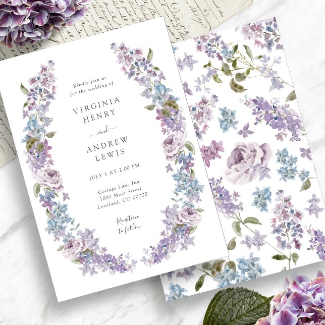 Invitación Elegante Boda Purple Lilac (Elegant Purple Lilac Flowers Wedding Invitation by Painted Paperie)