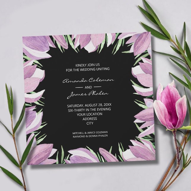 Invitación Elegante Boda Purple Magnolias (Elegant purple and white magnolias square wedding invitations - INSTANT DOWNLOAD and/or PRINTED)